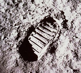 One of the first human footprints on the moon.