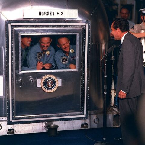 Apollo 11 crew in quarantine, met by President Nixon