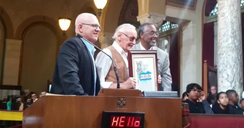 Stan Lee receives honors in Los Angeles on Stan Lee Day, September 28, 2016.