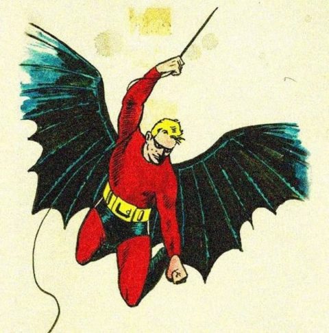 Bob Kane's original concept drawing of Batman. Batman used them to glide short distances, and wore a bright red body suit. The trunks, boots and utility belt survived the redesign, but the domino mask, fixed wings and bright colors just had to go. This Batman wasn't going to strike fear into the hearts of anybody.