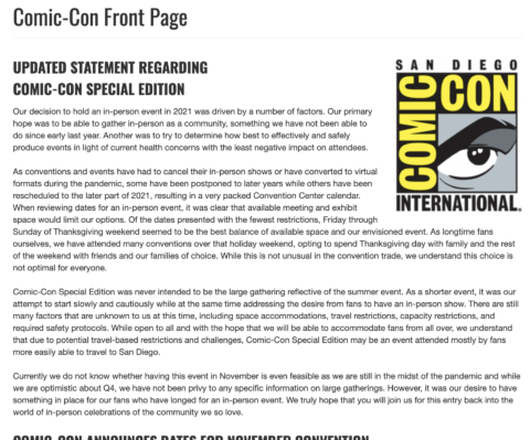 Screenshot of updated announcement regarding Comic-Con Special Edition
