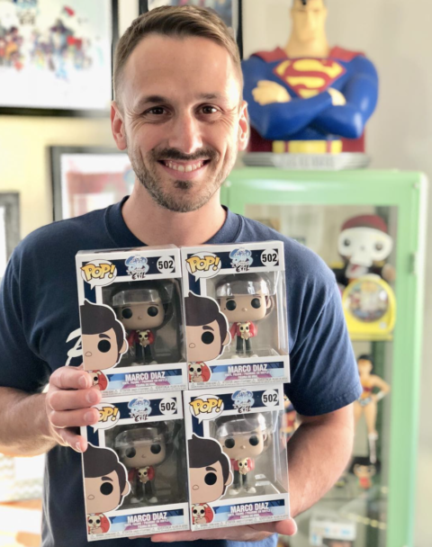 Adam MacArthur shows off his Marco Diaz Funko Pop figurines