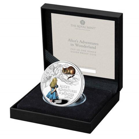 alices-adventures-in-wonderland-2021-uk-one-ounce-silver-proof-coin---coloured-printed-reverse-in-case-left