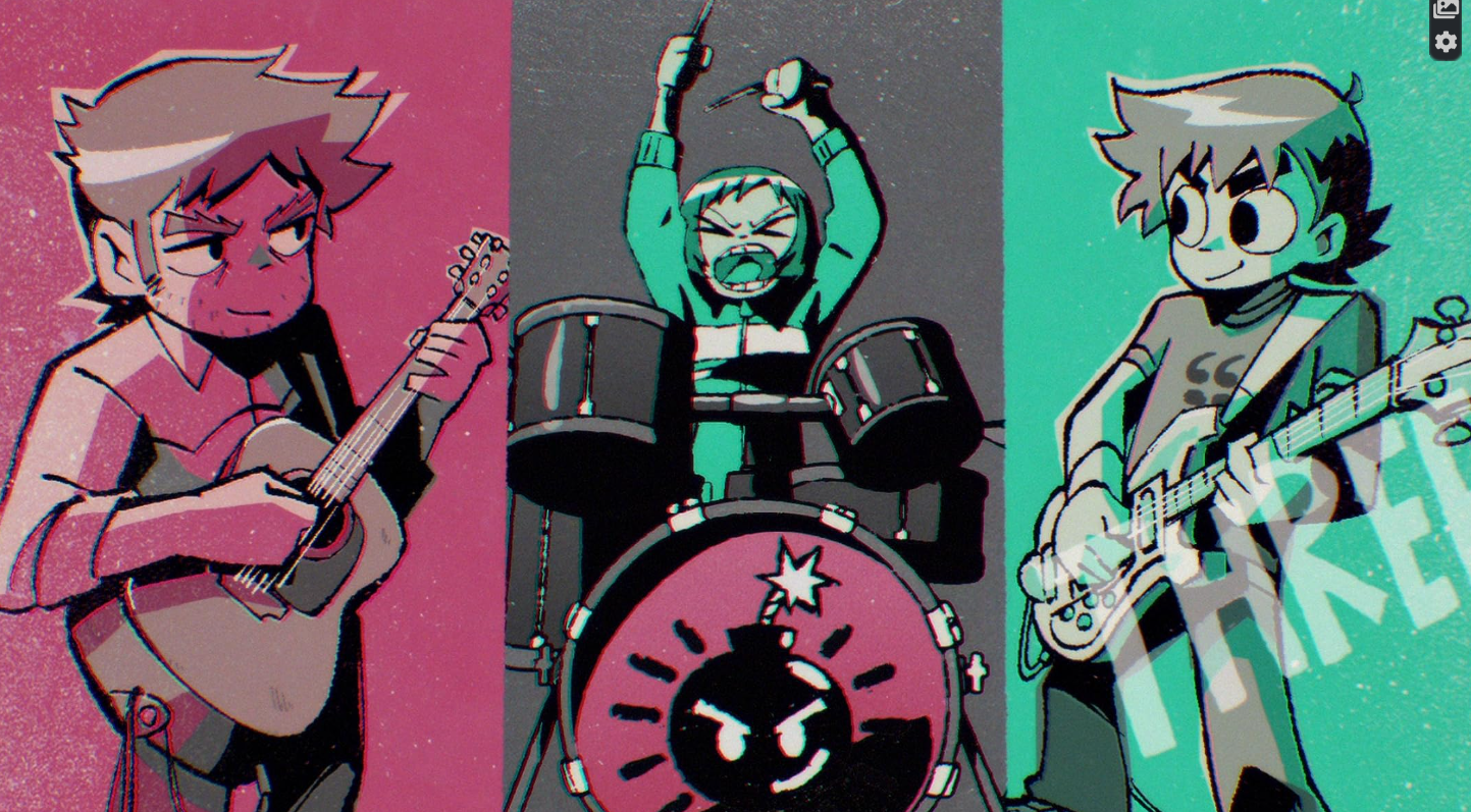 Mark Webber (Stephen Stills), Alison Pill (Kim Pines), and Scott Pilgrim (Michael Cera) in Scott Pilgrim Takes Off (Netflix, 2023)
