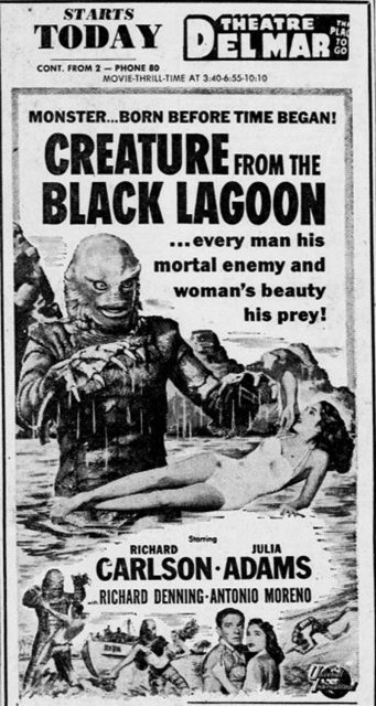 Classic black and white ad for the Creature From the Black Lagoon in 1954.
