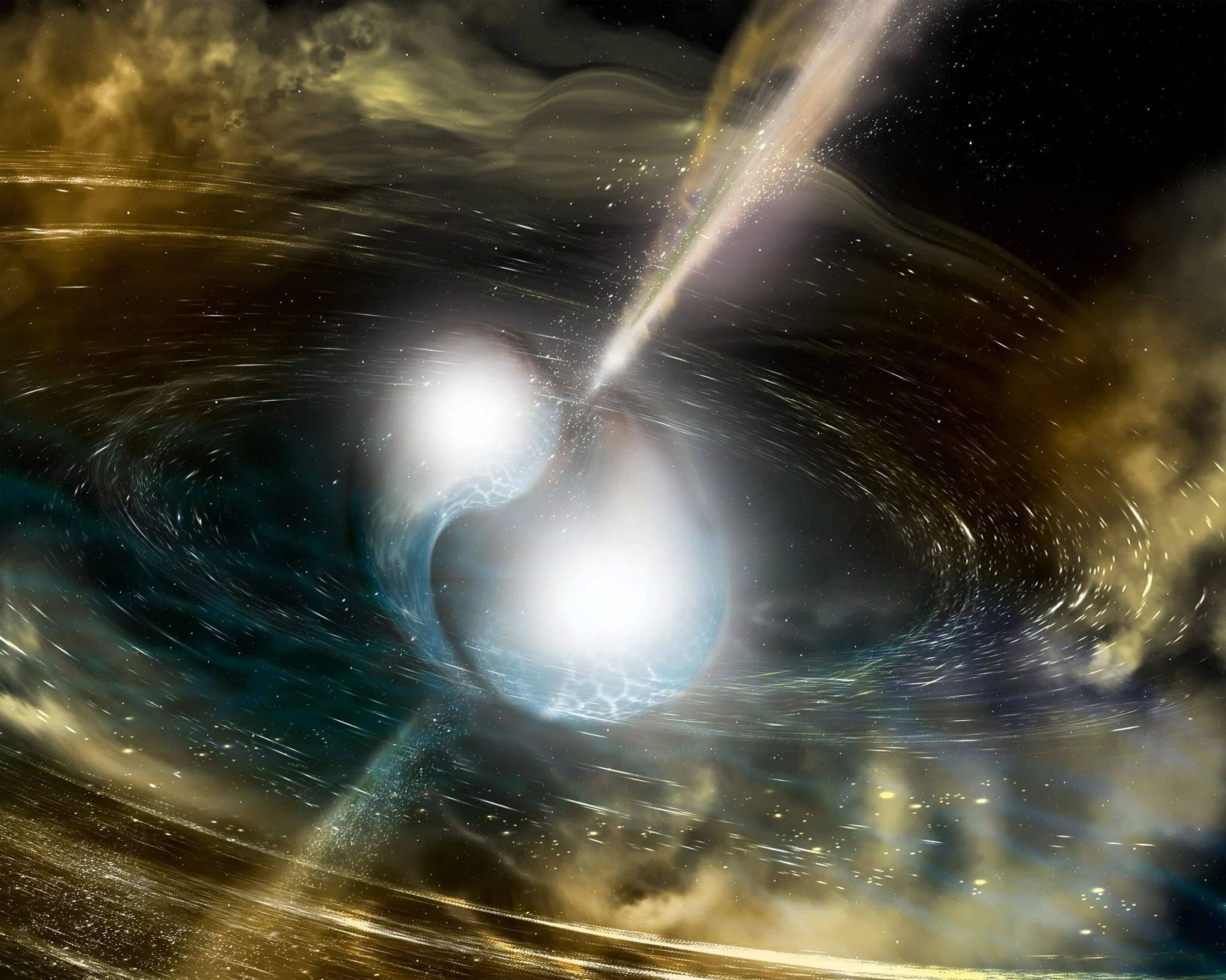 An artist's representation of two neutron stars colliding.