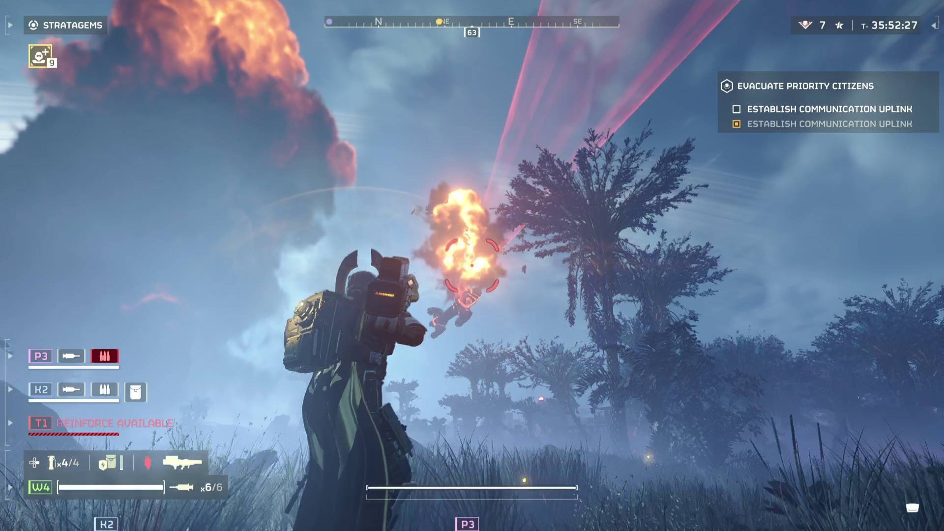 Helldiver shooting down gunship with LAS-99 Quasar Cannon.