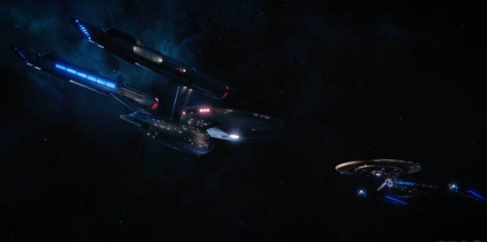 The USS Enterprise and the USS Discovery meeting for the last time in the 23rd Century.